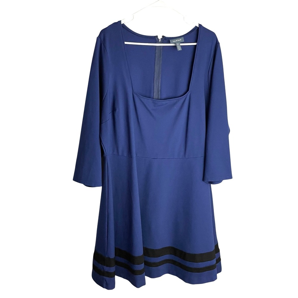 ModCloth Optimal Opulence Fit Flare Dress Size 3X Blue Square Neck Ponte Knit